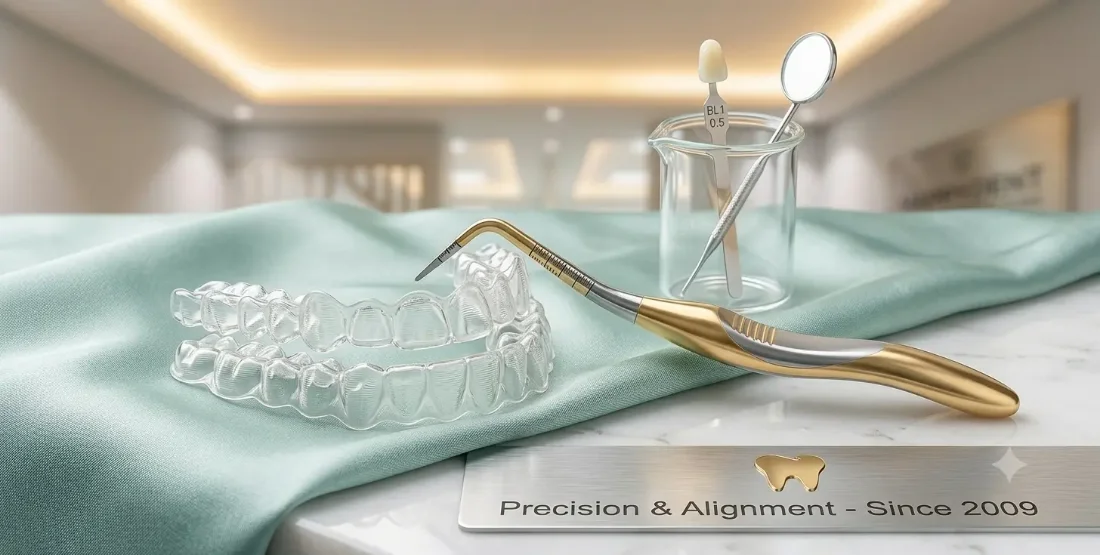 Clear dental aligners, a mirror and a probe on a treatment tray at HappyDent, beside a plaque reading Precision & Alignment - Since 2009